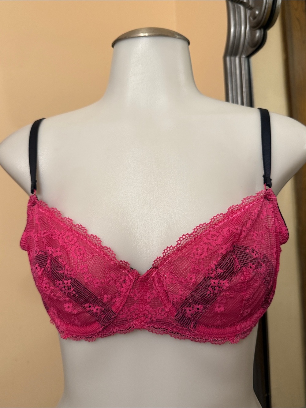 Jezebel Hot Pink Lace Underwire Bra with Black Straps